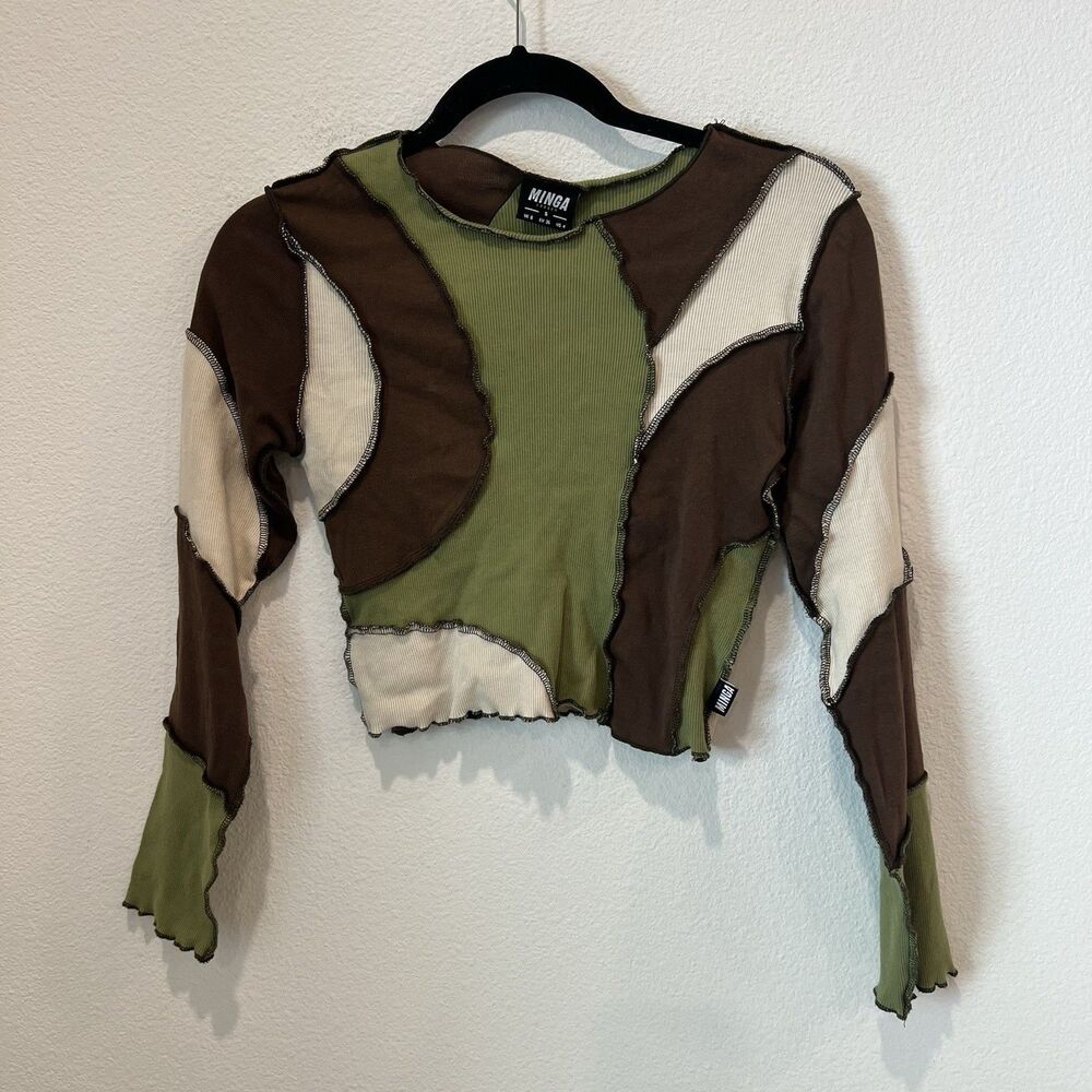 Minga London Green Brown Patchwork Lettuce Hem Long Sleeve Crop Top Size Small